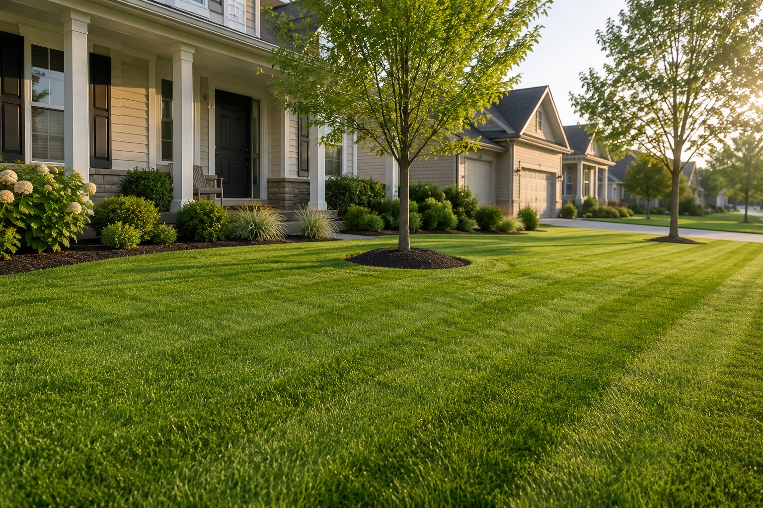 A well-maintained lawn in a residential neighborhood